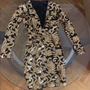 Sexy black and gold long sequin sleeve dress